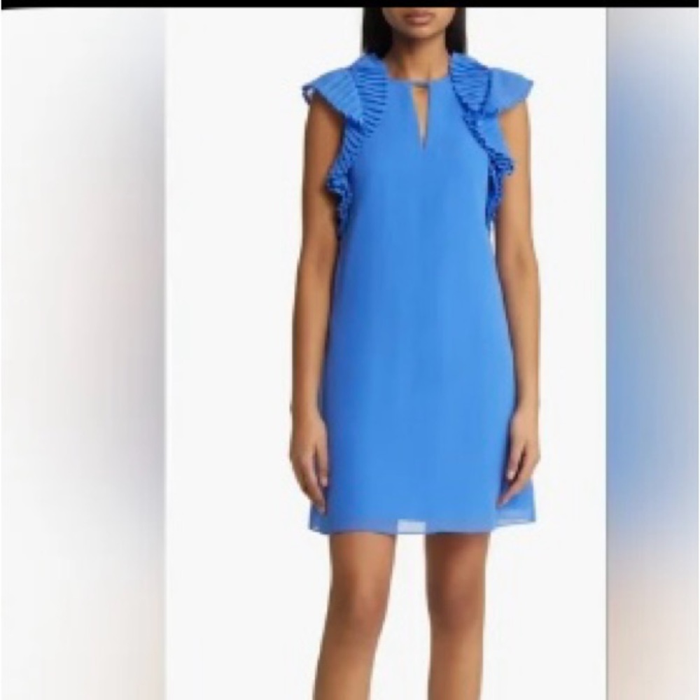 Vince Camuto Pleated Cap Sleeve Chiffon Shift Dress in Periwinkle,‎ size 6 NWT